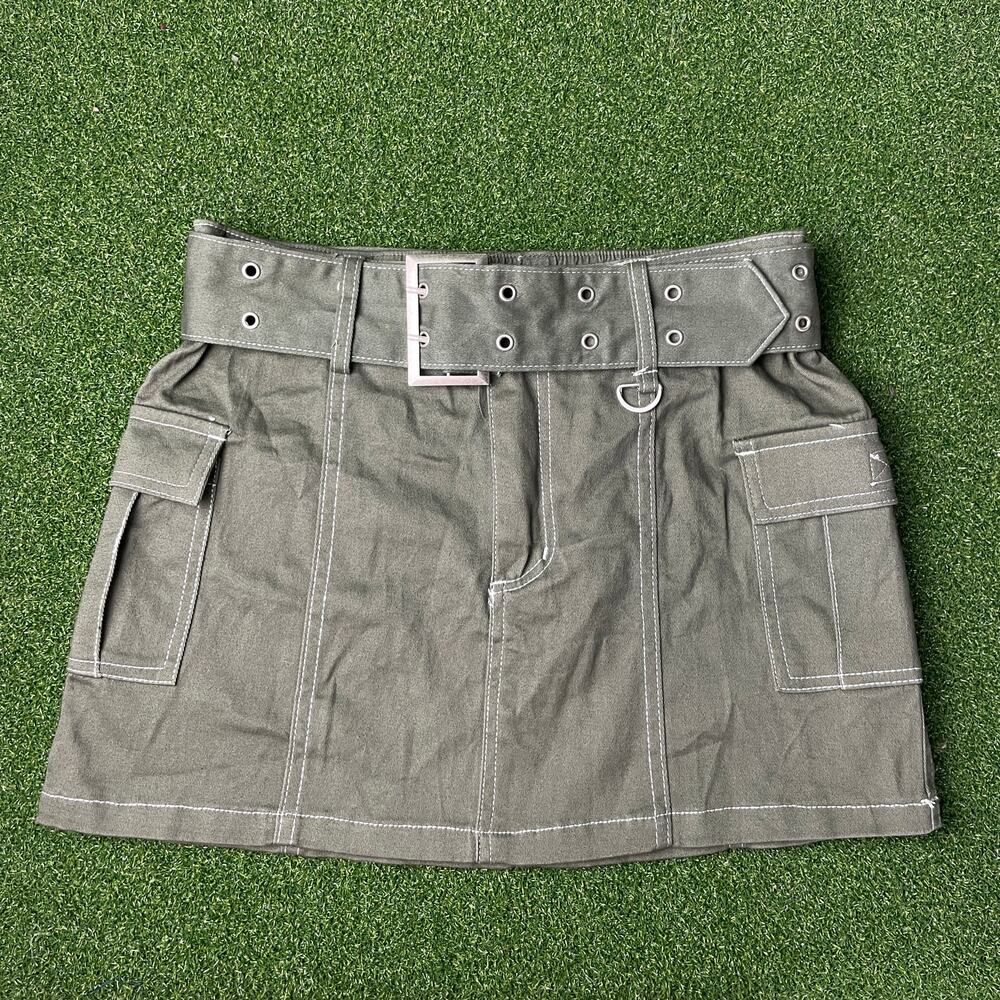 Justify Dusty Olive Canvas Belted Cargo Pocket Utility Mini Skirt Sz S